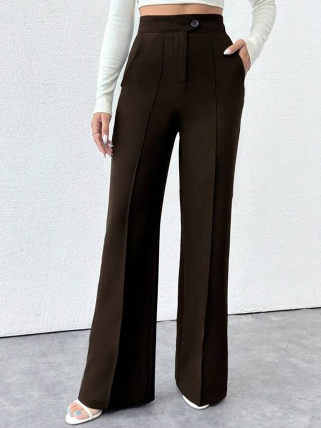 

Next One Women Smart Straight Fit High-Rise Easy Wash Pleated Trousers, Coffee brown