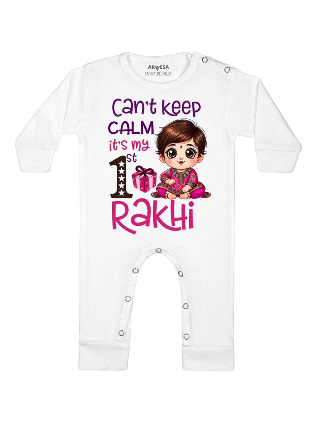 

Arvesa First Rakhi Printed Baby Romper, White
