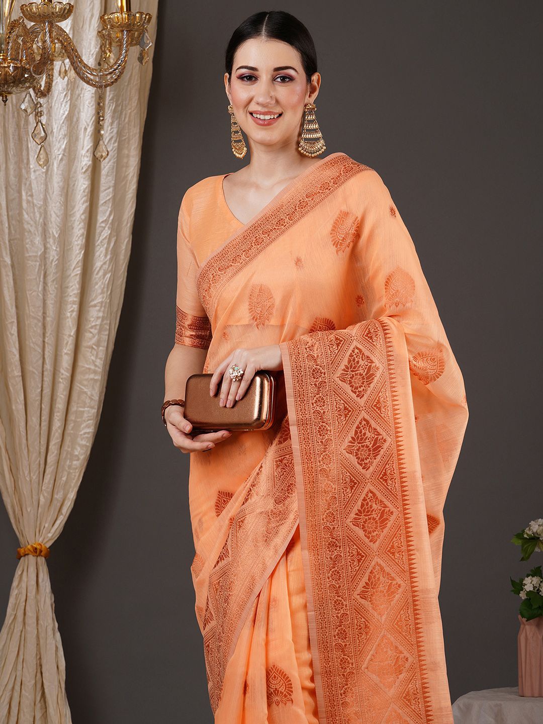 

Anouk Rustic Woven Design Zari Silk Blend Banarasi Saree, Peach