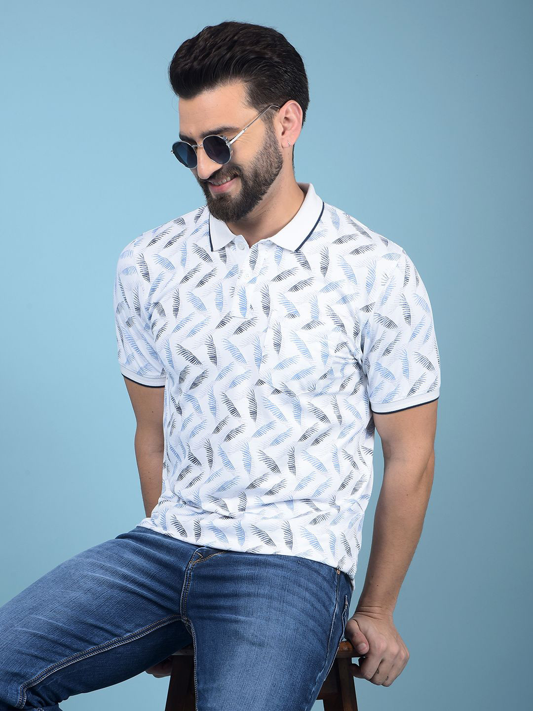 

Crimsoune Club Men Printed Polo Collar Raw Edge Slim Fit T-shirt, Blue