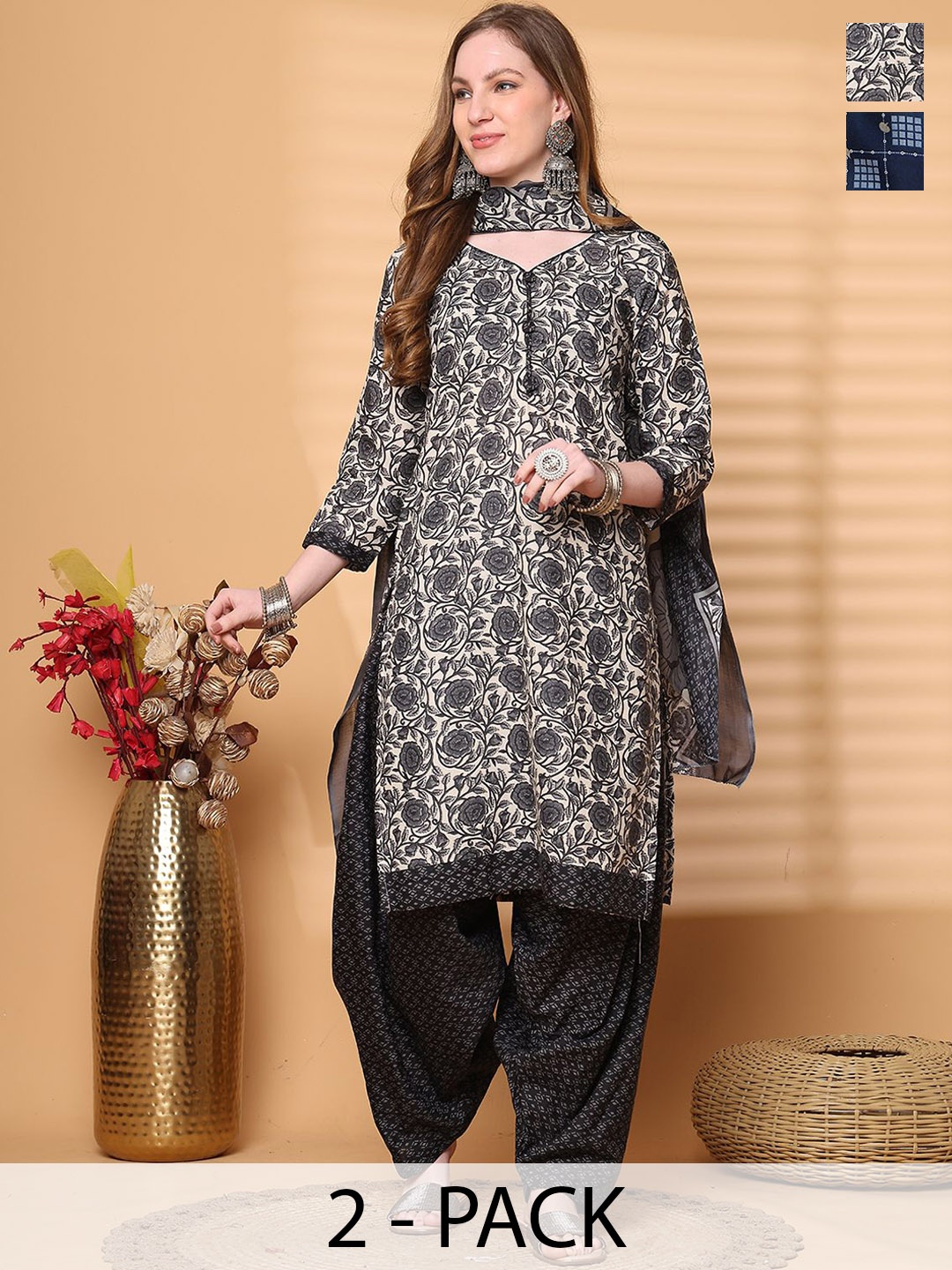 

Rajnandini Selection Of 2 Floral Printed V-Neck Straight Kurtas With Salwars & Dupattas, Black