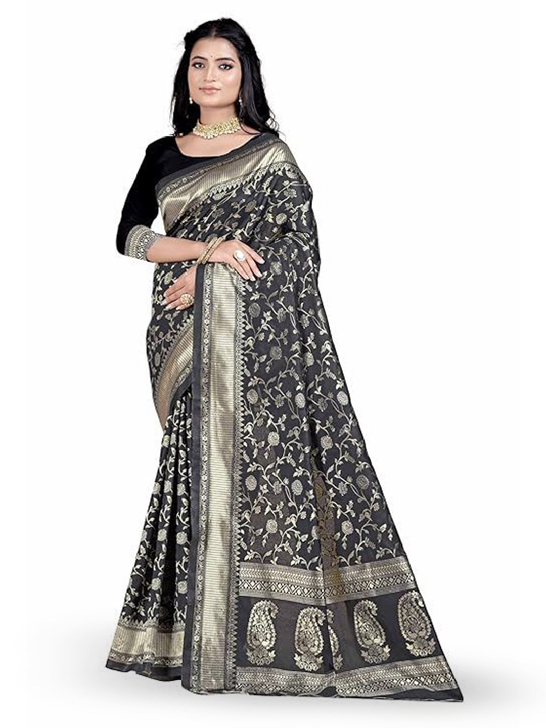 

Florence Woven Design Zari Pure Silk Kanjeevaram Saree, Black