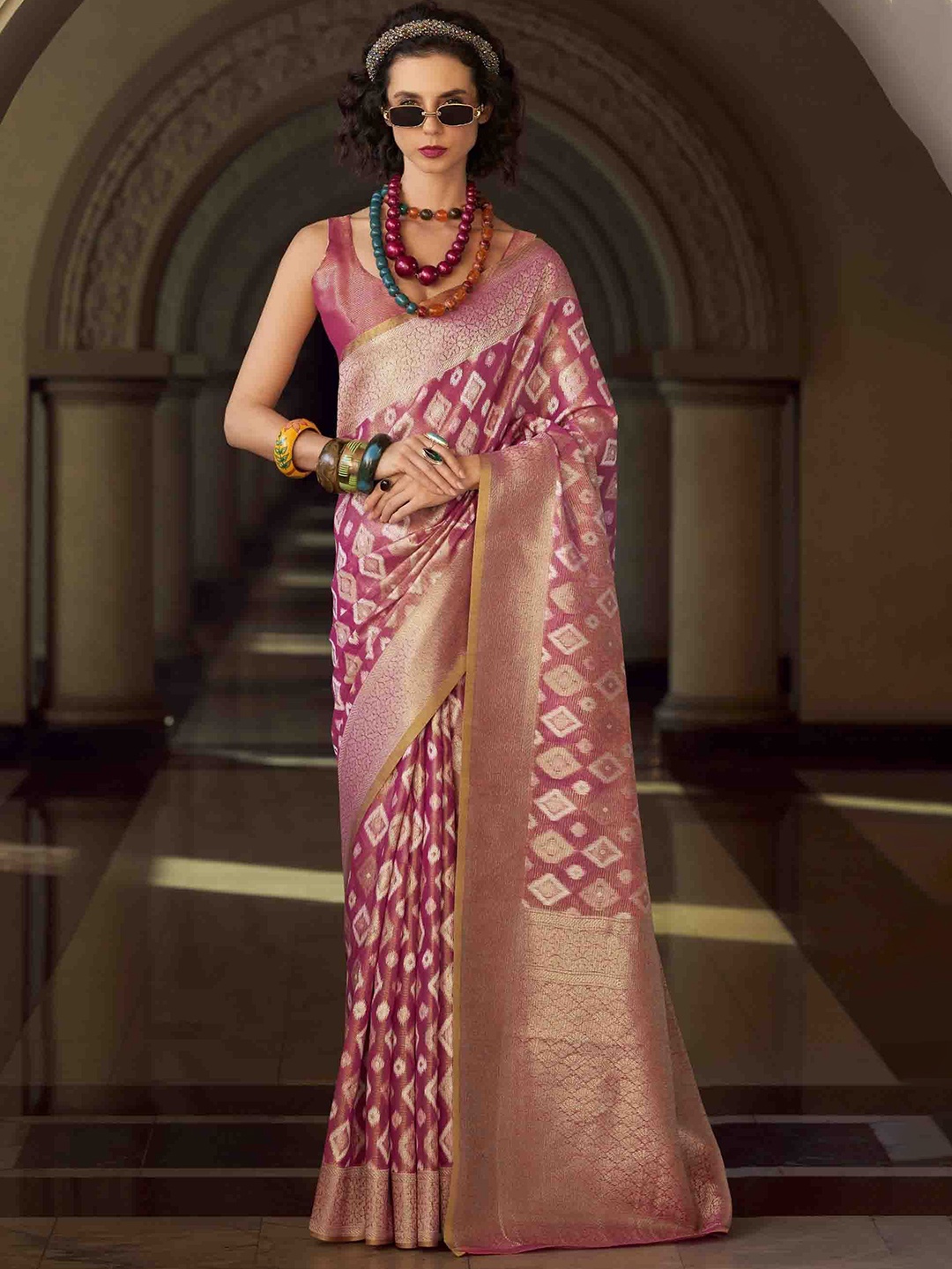 

Mitera Woven Design Zari Tissue Ikat Saree, Pink