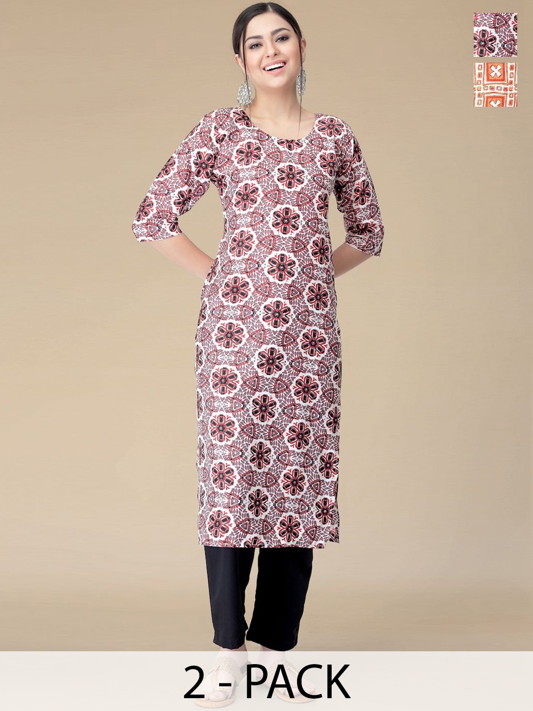 

Moda Rapido Selection Of 2 Ethnic Motifs Printed Round Neck Straight Kurtas With Trousers, White