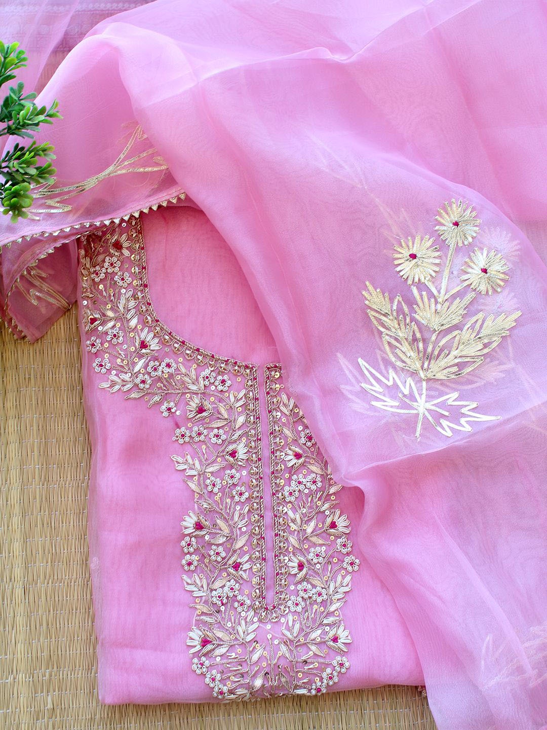 

Weaves of Tradition Embroidered Organza Unstitched Dress Material, Pink
