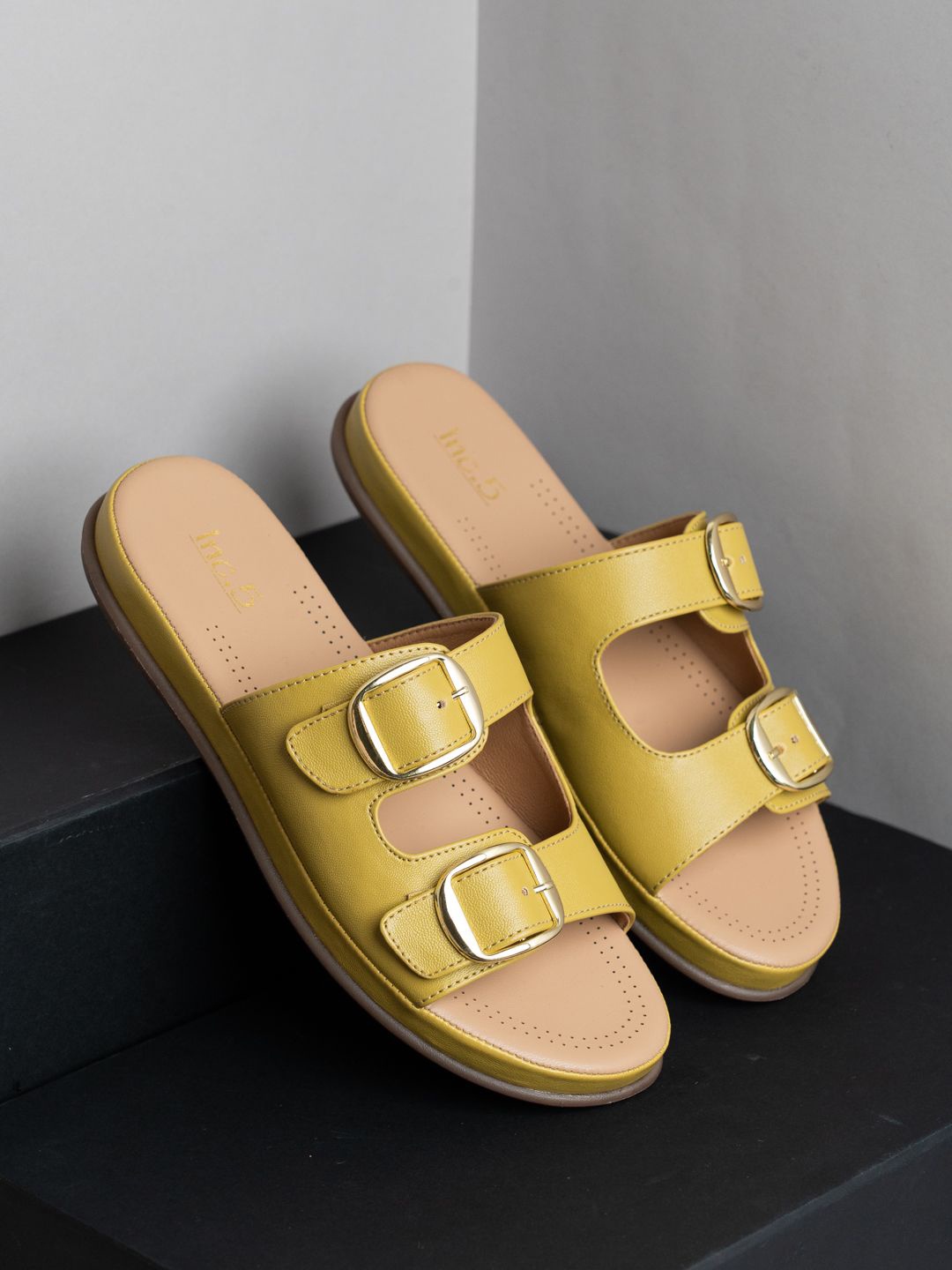 

Inc 5 Women Open Toe Flats with Buckles, Yellow