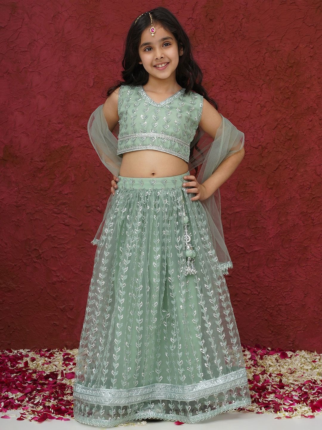 

Aj DEZInES Girls Embellished Sequinned Ready to Wear Lehenga & Blouse With Dupatta, Green