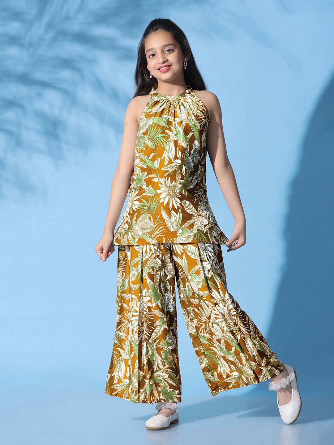 

BAESD Girls Printed Halter Neck Top With Palazzo, Mustard