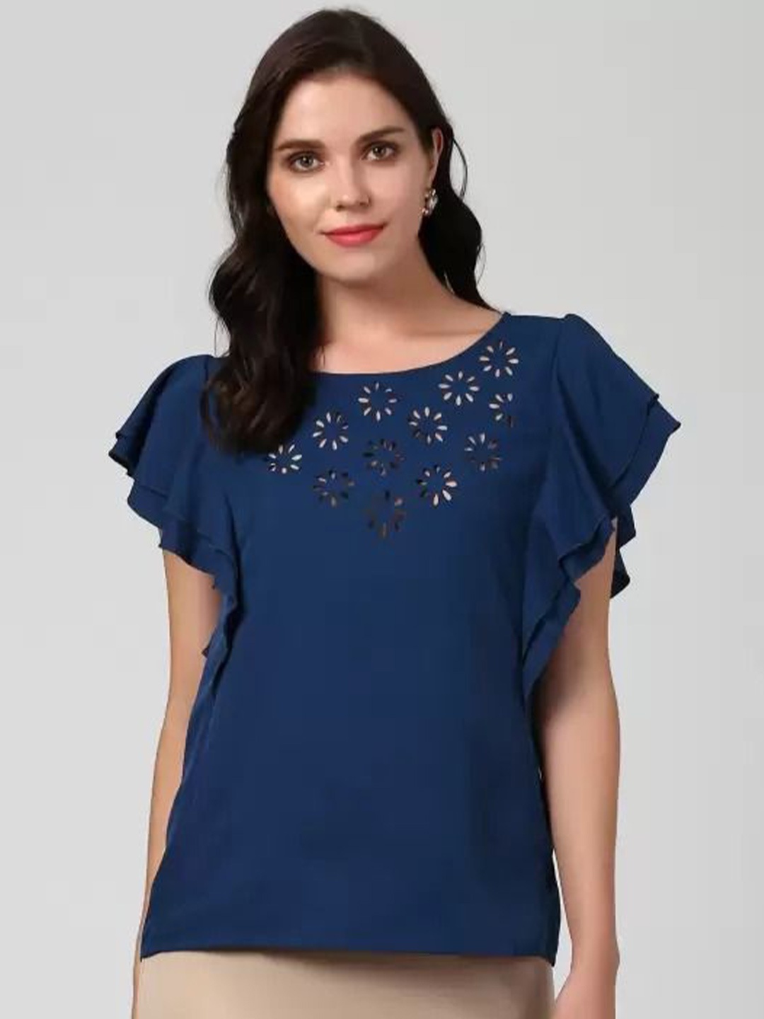 

Moda Rapido Flared Sleeve Cotton Top, Navy blue