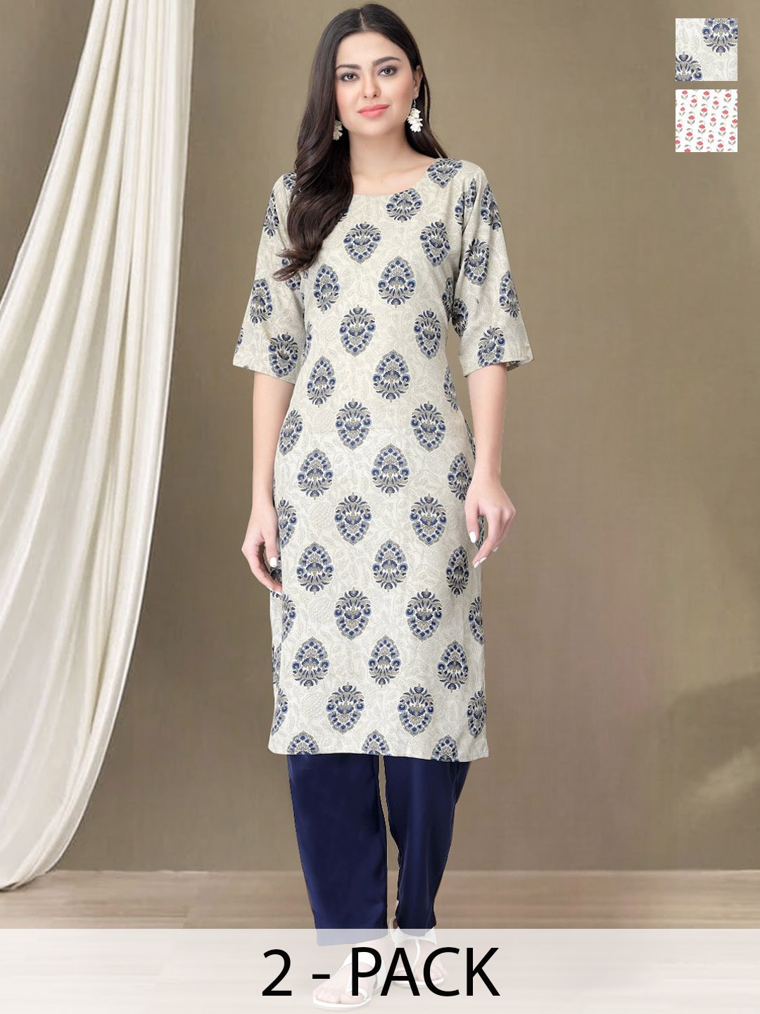 

Moda Rapido Selection of 2 Ethnic Motifs Printed Straight Kurtas With Trousers, Beige