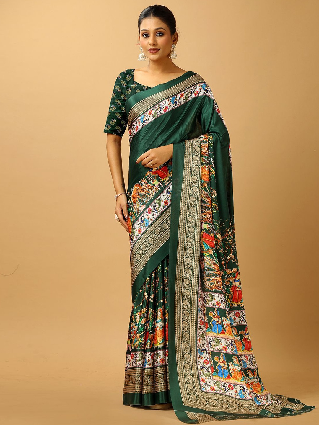 

A.V.M. SILK MILLS Floral Pure Crepe Saree, Green