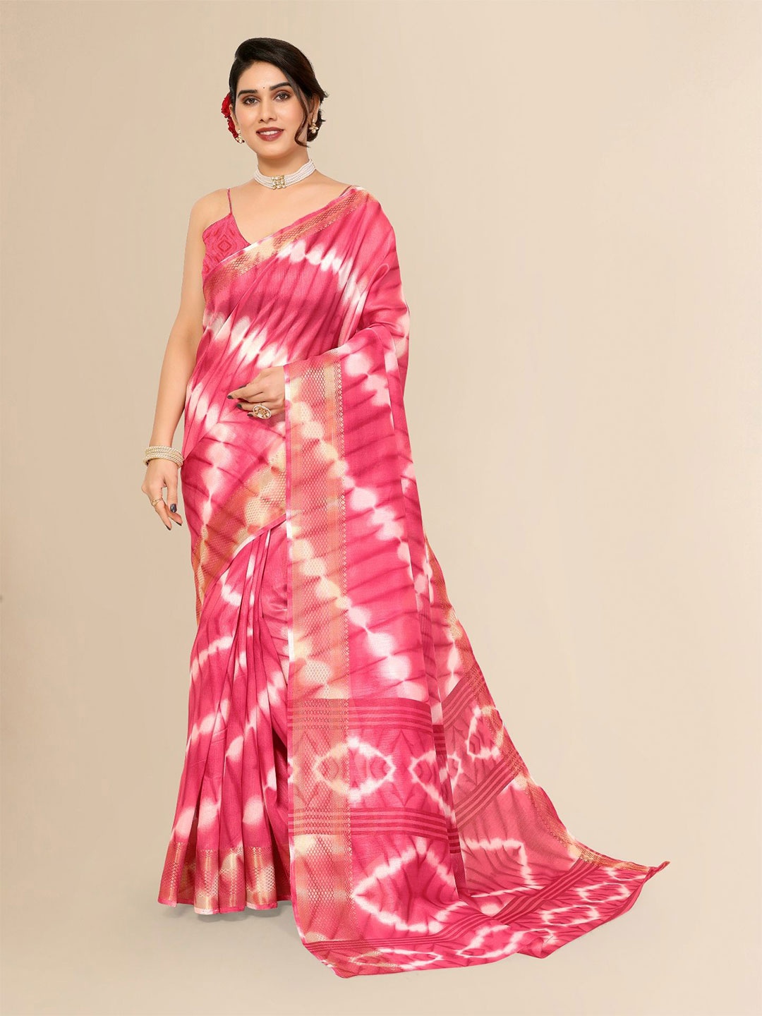 

Moda Rapido Tie and Dye Zari Saree, Pink