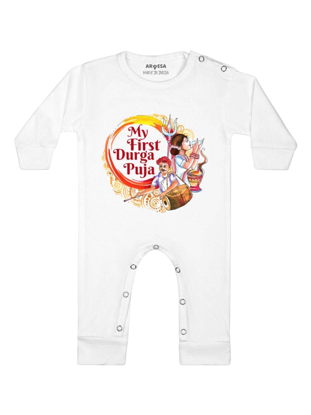 

Arvesa First Navratri Printed Baby Romper, White