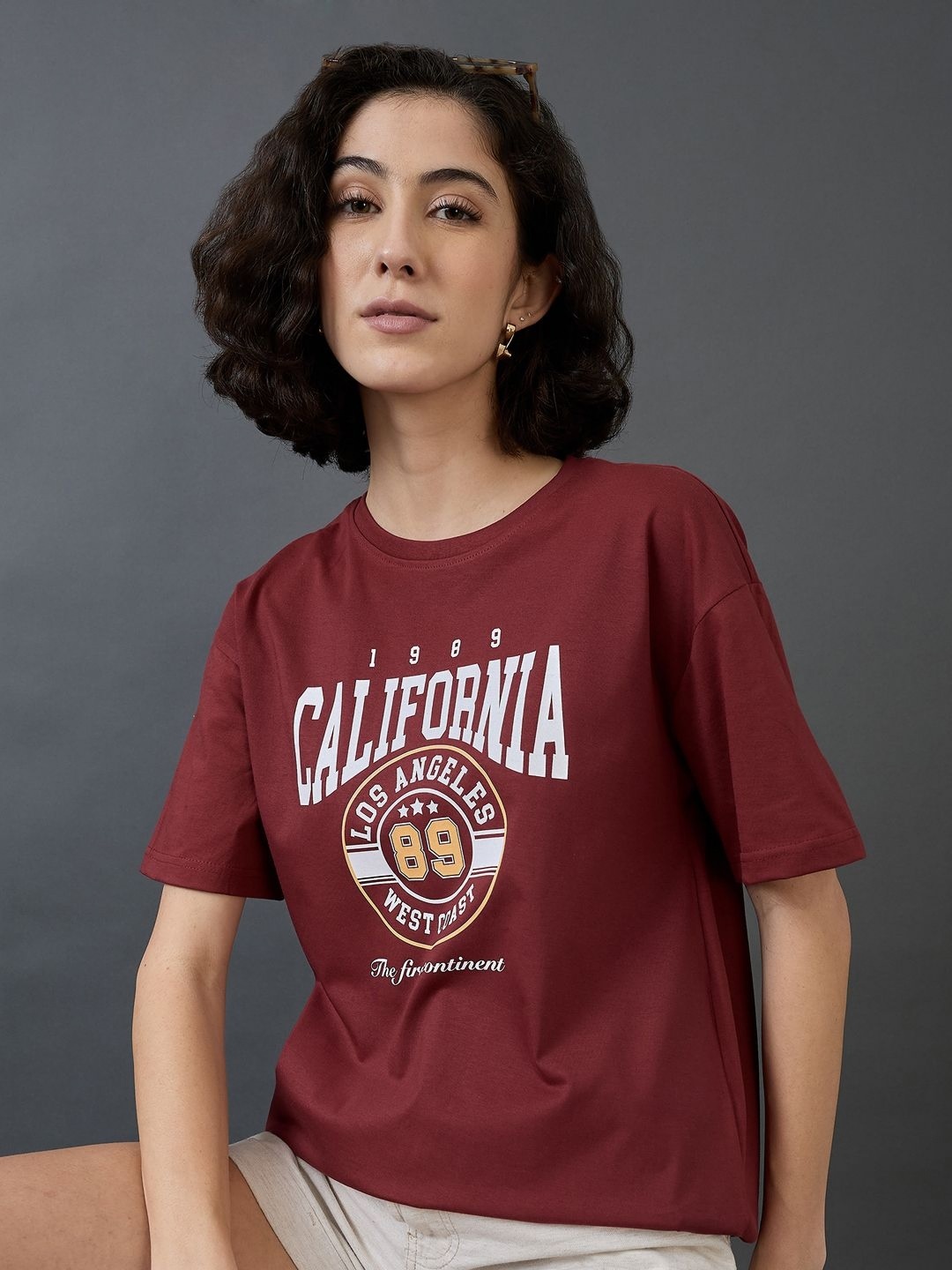 

Mast & Harbour Women Printed Raw Edge T-shirt, Maroon