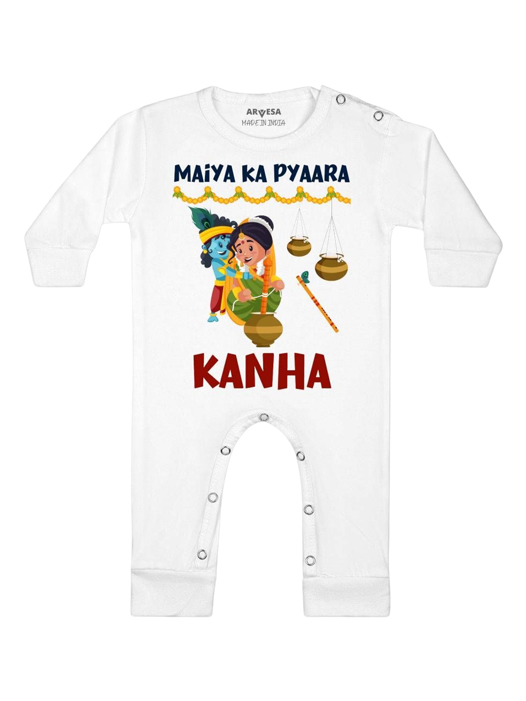 

Arvesa First Janmashtami Printed Baby Romper, White