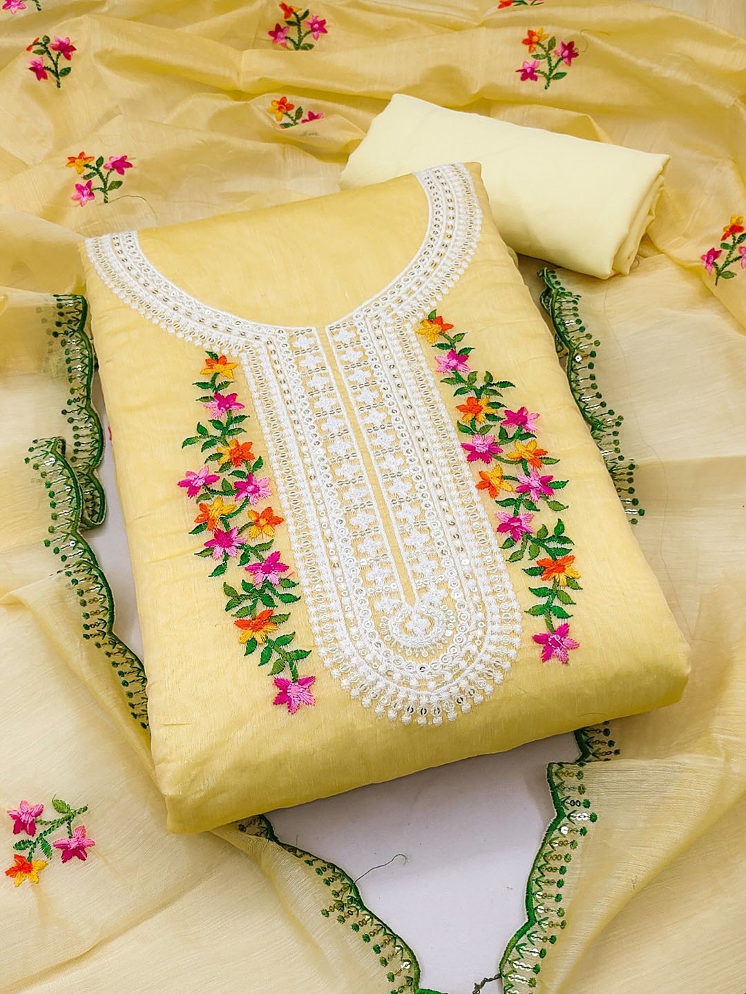 

Rangtulika Ethnics Motifs Embroidered Thread Work Unstitched Dress Material, Yellow