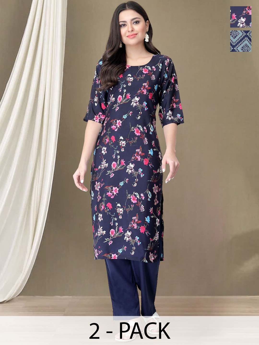 

Moda Rapido Selection of 2 Floral Printed Straight Kurtas With Trousers, Blue