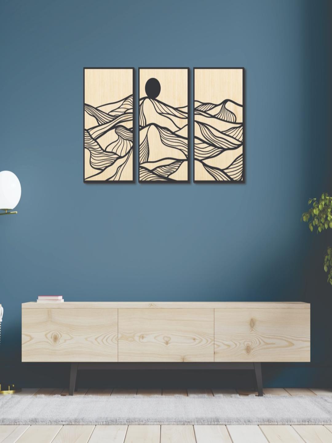 

CVANU Cream Colored & Black 3 Pieces Mountains Printed Wooden Wall Art