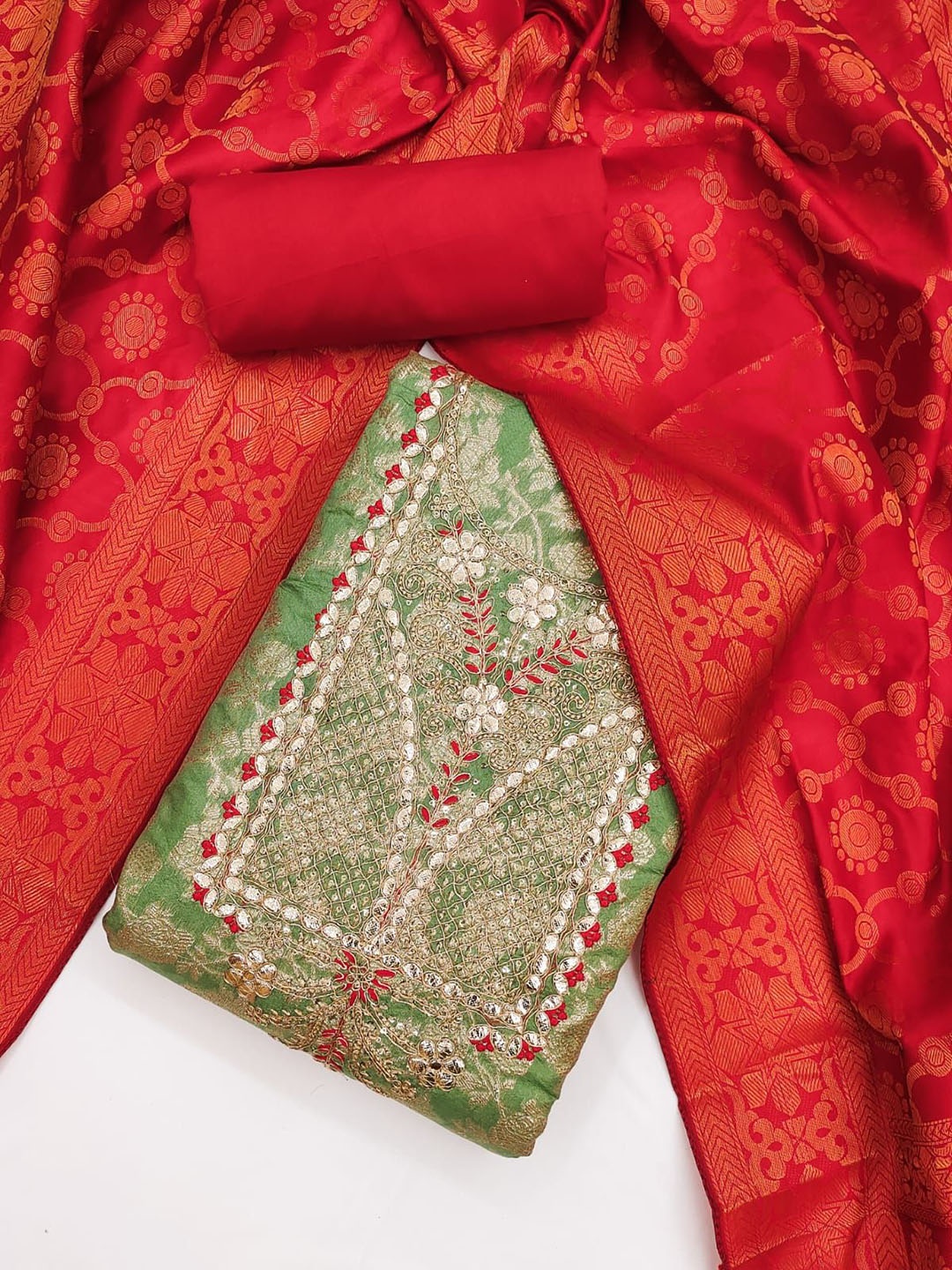 

Rangtulika Ethnics Motifs Embroidered Zari Unstitched Dress Material, Green
