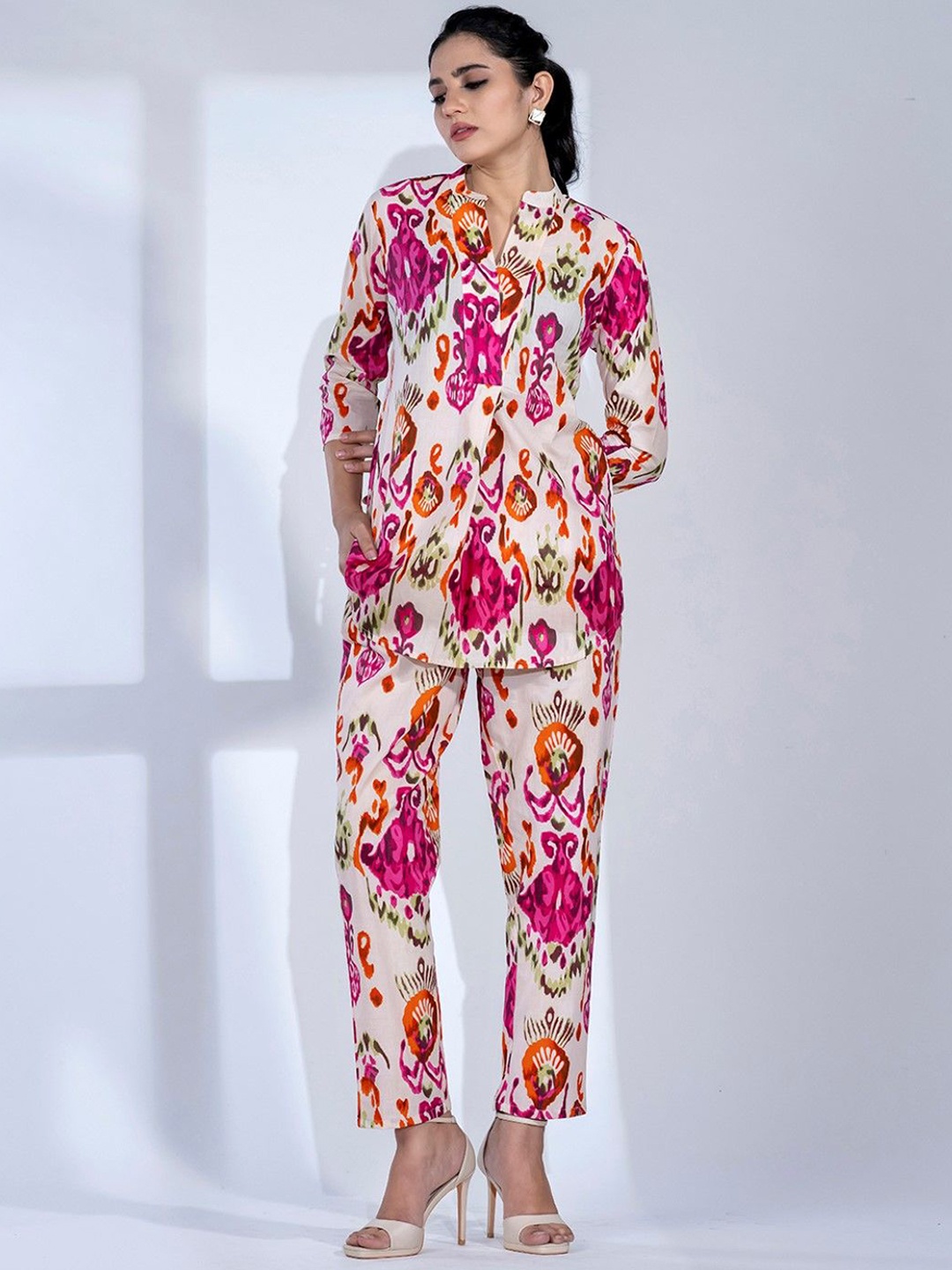 

AUTUMN LANE Geometric Printed Mandarin Collar Pure Cotton Top With Trousers, Pink