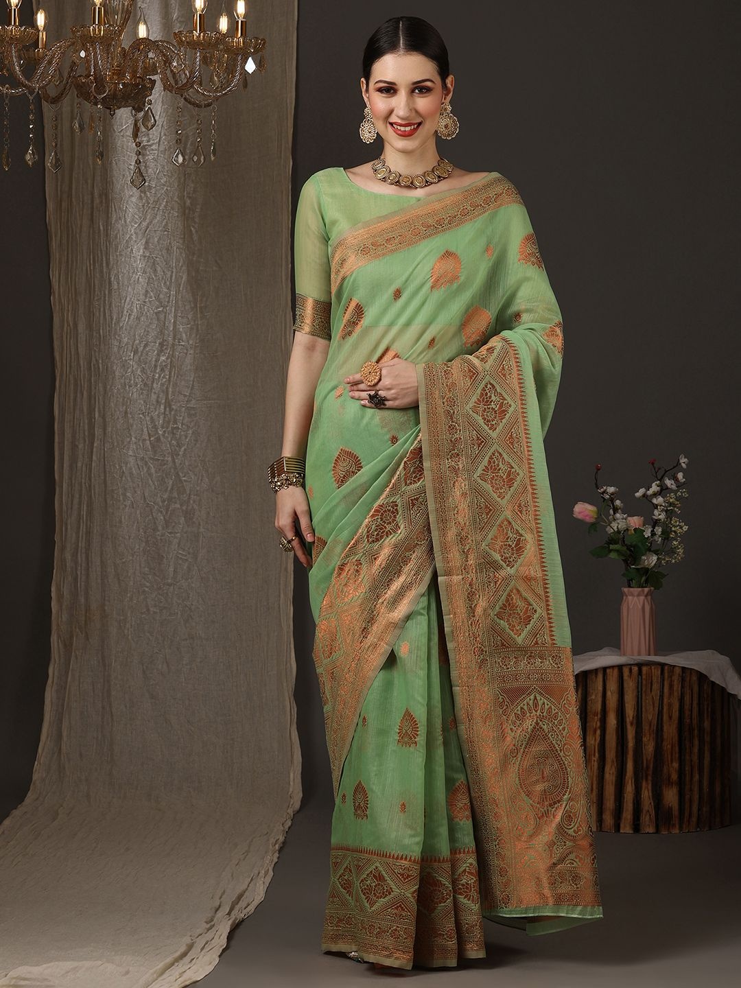 

Anouk Rustic Woven Design Zari Silk Blend Banarasi Saree, Green