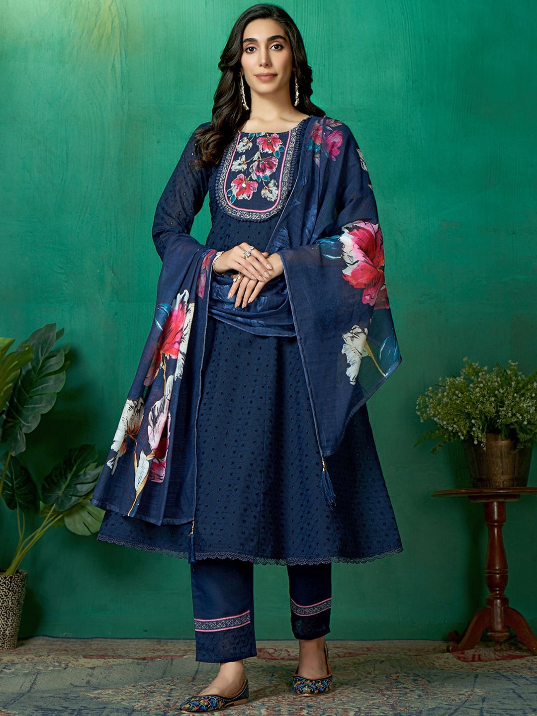 

Sangria Embroidered Pure Cotton Round Neck Kurta Trouser & Dupatta, Navy blue