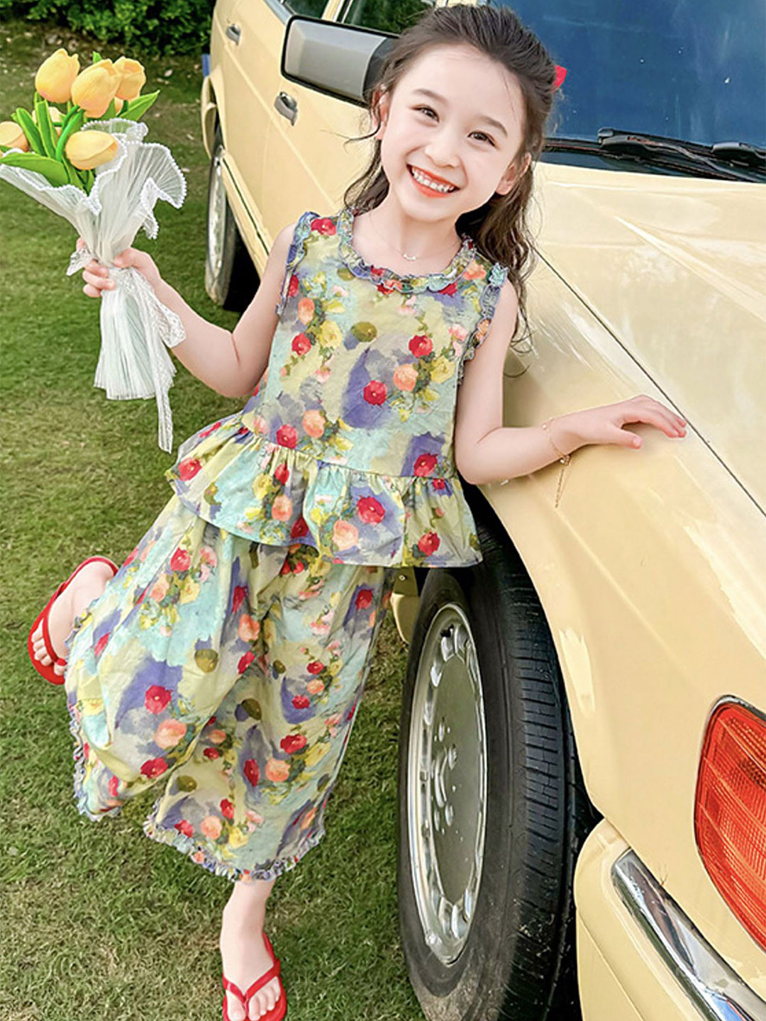 

LULU & SKY Girls Printed Round Neck Top With Trousers, Green