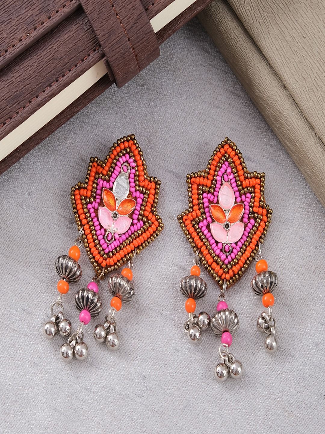 

Sangria Silver-Plated Beaded Contemporary Shaped Drop Earrings
