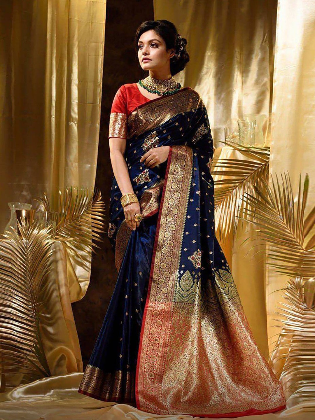 

KALINI Woven Design Zari Silk Blend Banarasi Saree, Blue