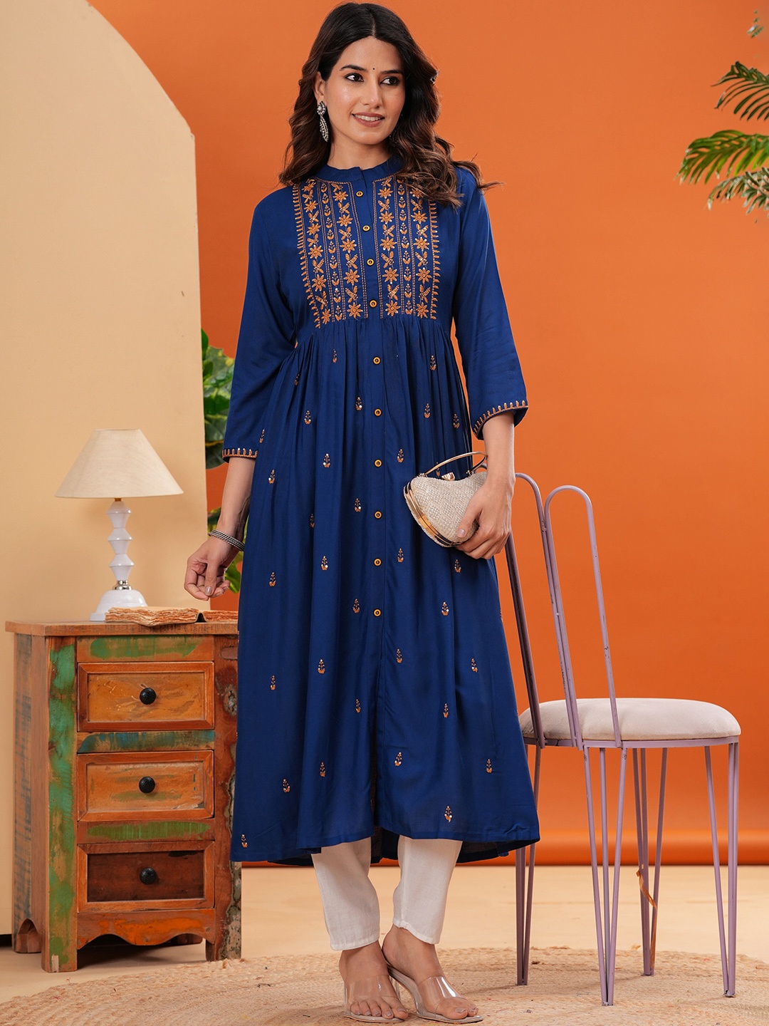 

KALINI Floral Embroidered Mandarin Collar Empire Sequinned Anarkali Kurta, Teal