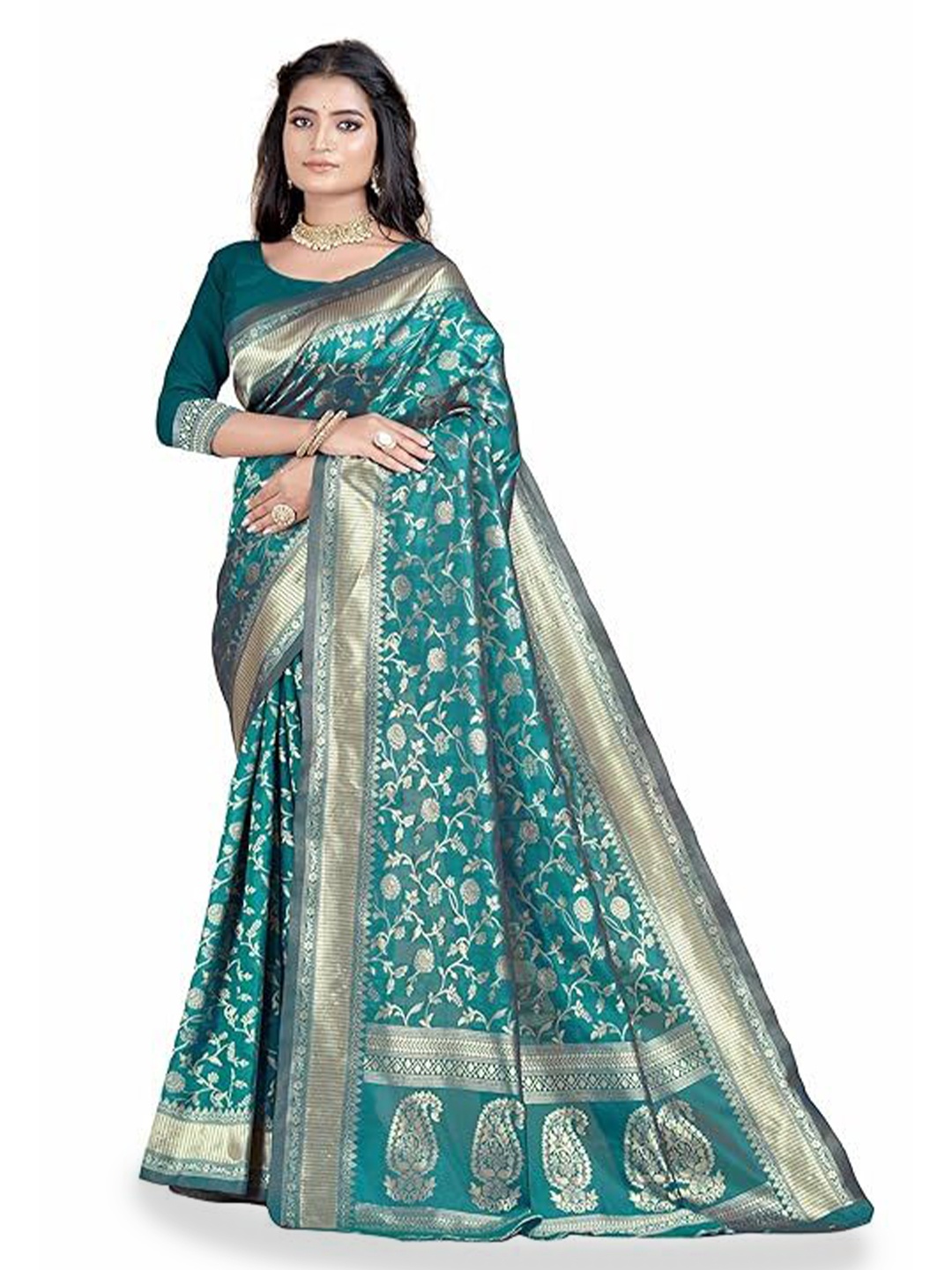 

SAADHVI Woven Design Zari Pure Silk Kanjeevaram Saree, Green