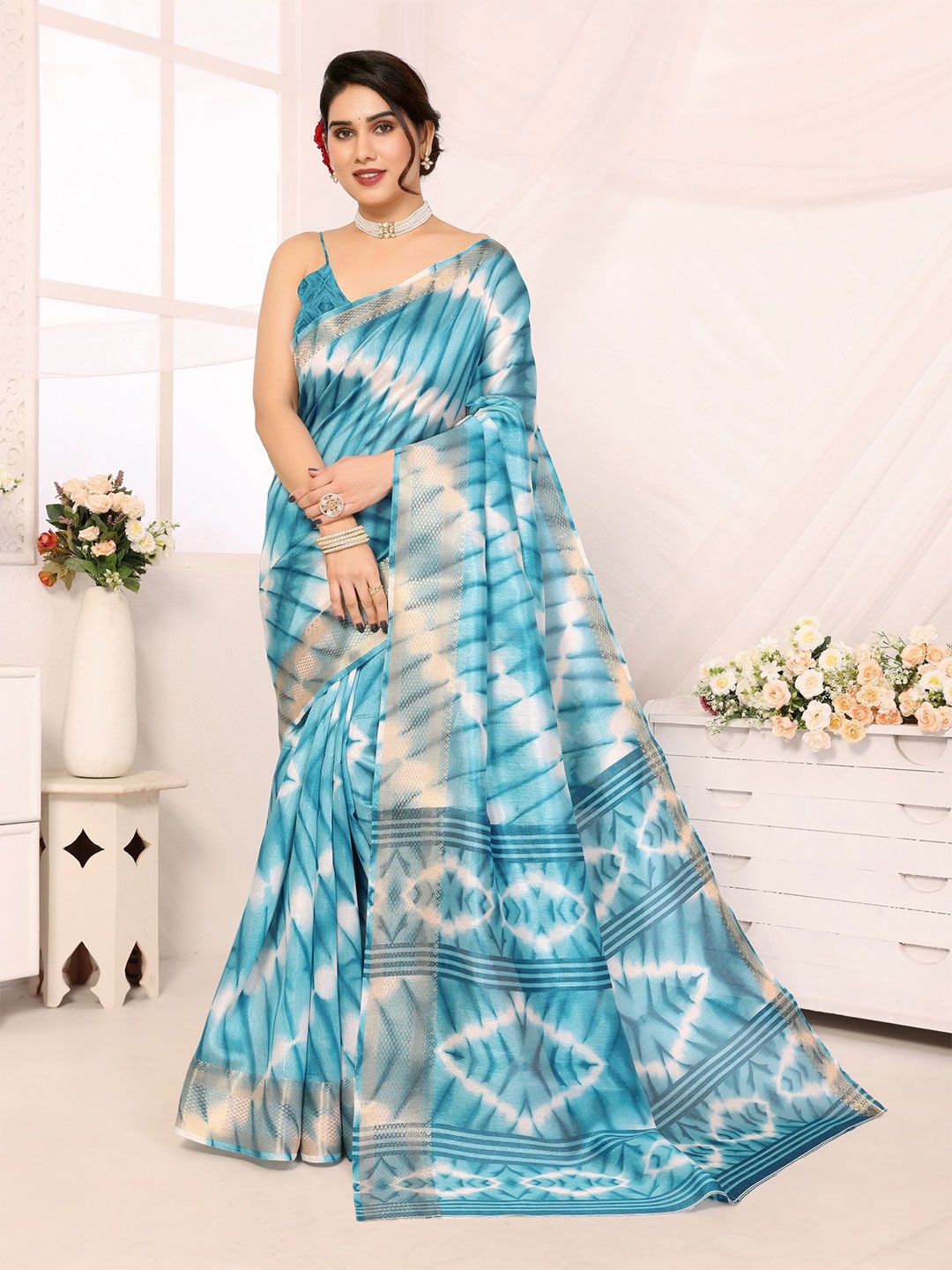 

Moda Rapido Tie and Dye Zari Saree, Blue