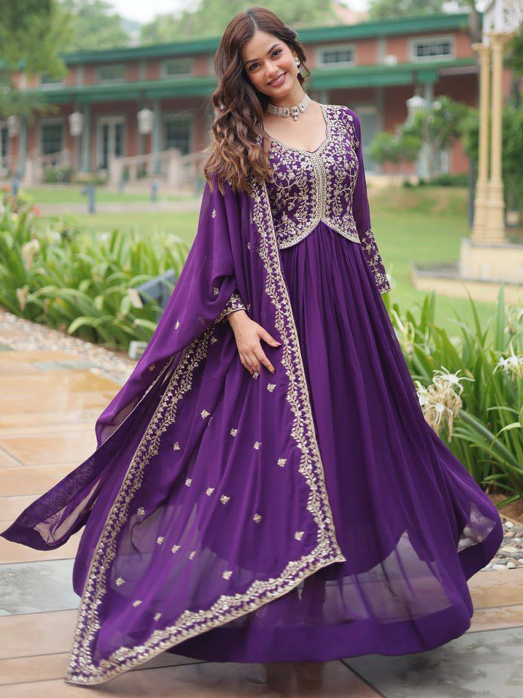 

FVD Embroidered Gown Maxi Ethnic Dresses With Dupatta, Purple