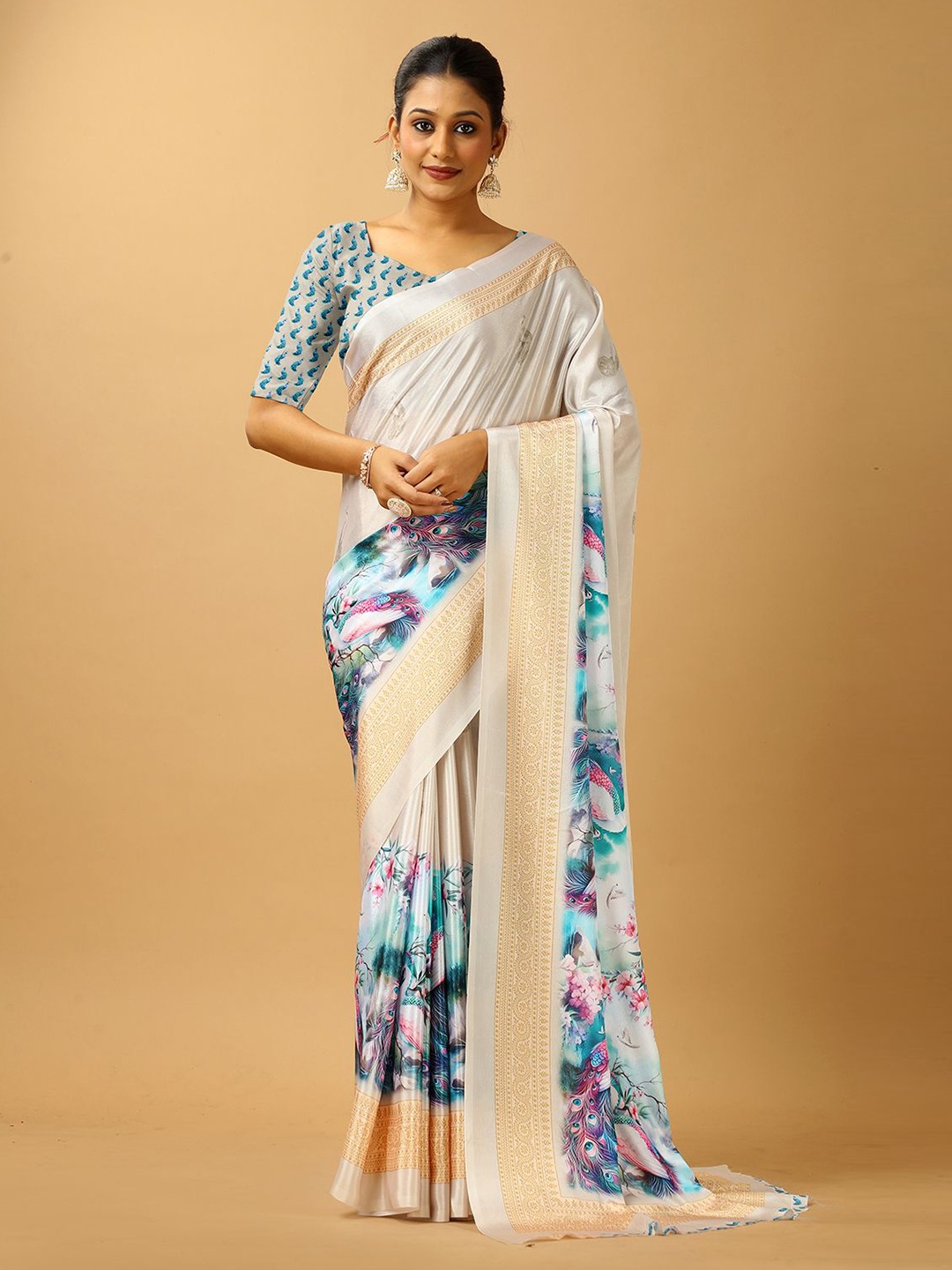 

A.V.M. SILK MILLS Ethnic Motifs Pure Crepe Saree, White