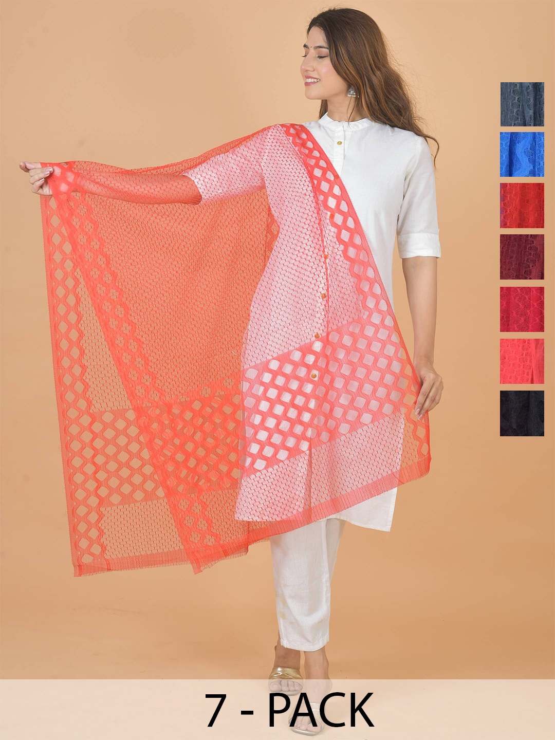 

LA FEMINAE Selection Of 7 Geometric Woven Design Dupattas, Peach