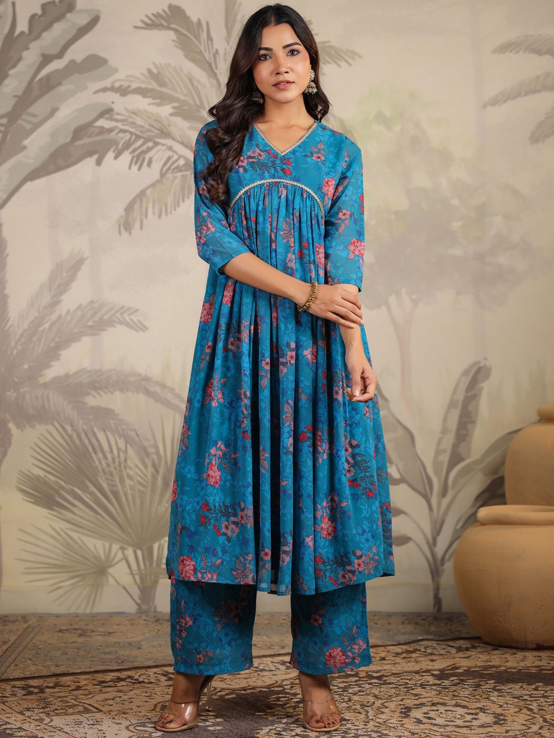 

KALINI Women Floral Printed Empire Kurta with Trousers, Blue