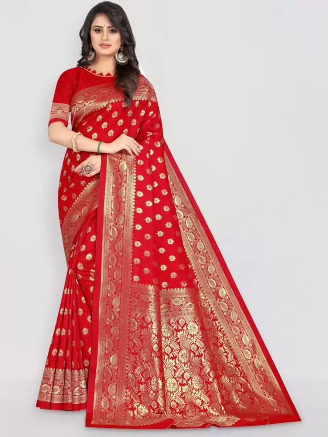 

KALINI Woven Design Zari Pure Silk Kanjeevaram Saree, Red