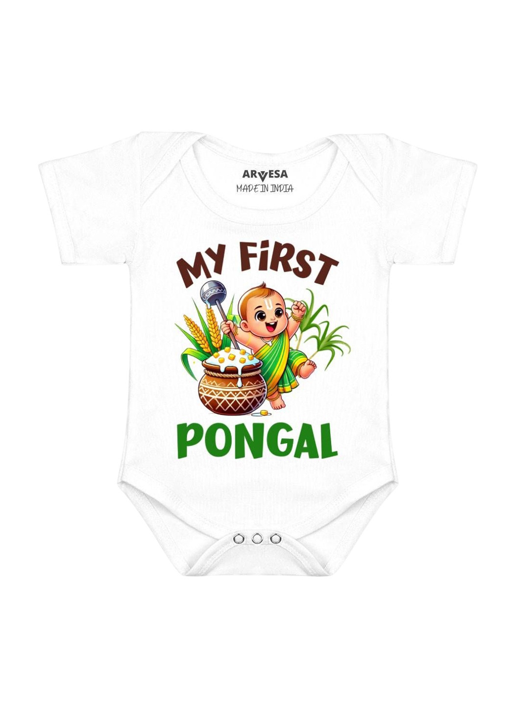 

Arvesa Kids First Pongal Printed Envelope Neck Short Sleeves Romper, White