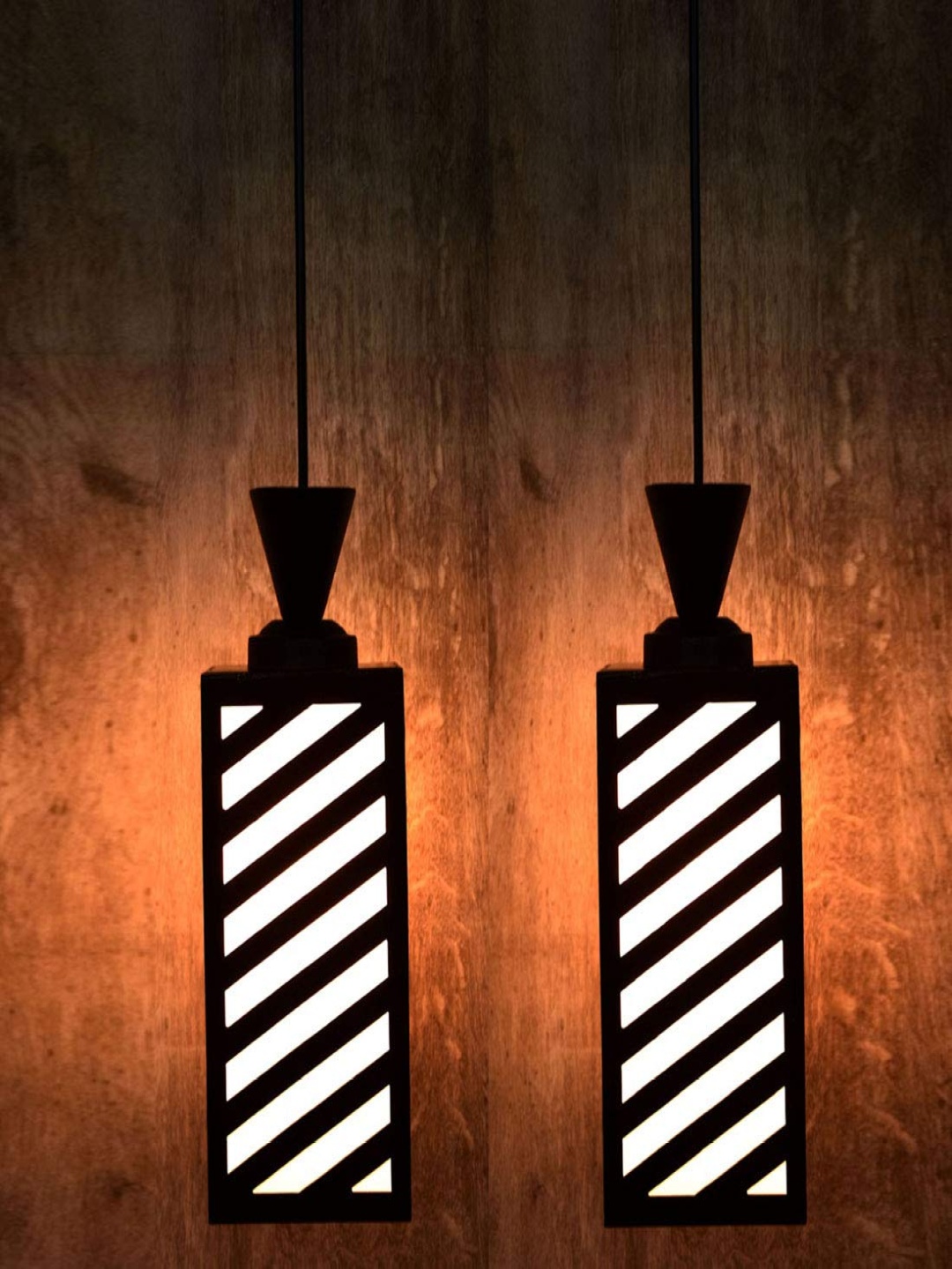 

Gojeeva Black & White 2 Pieces Textured Wooden Rectangle Shaped Hanging Ceiling Lamps