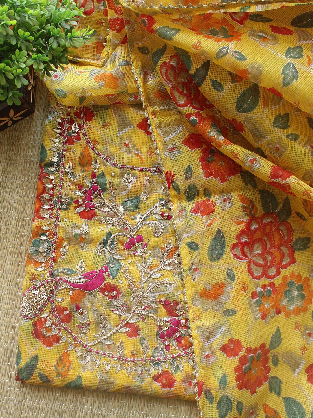 

Weaves of Tradition Floral Embroidered Unstitched Dress Material, Yellow