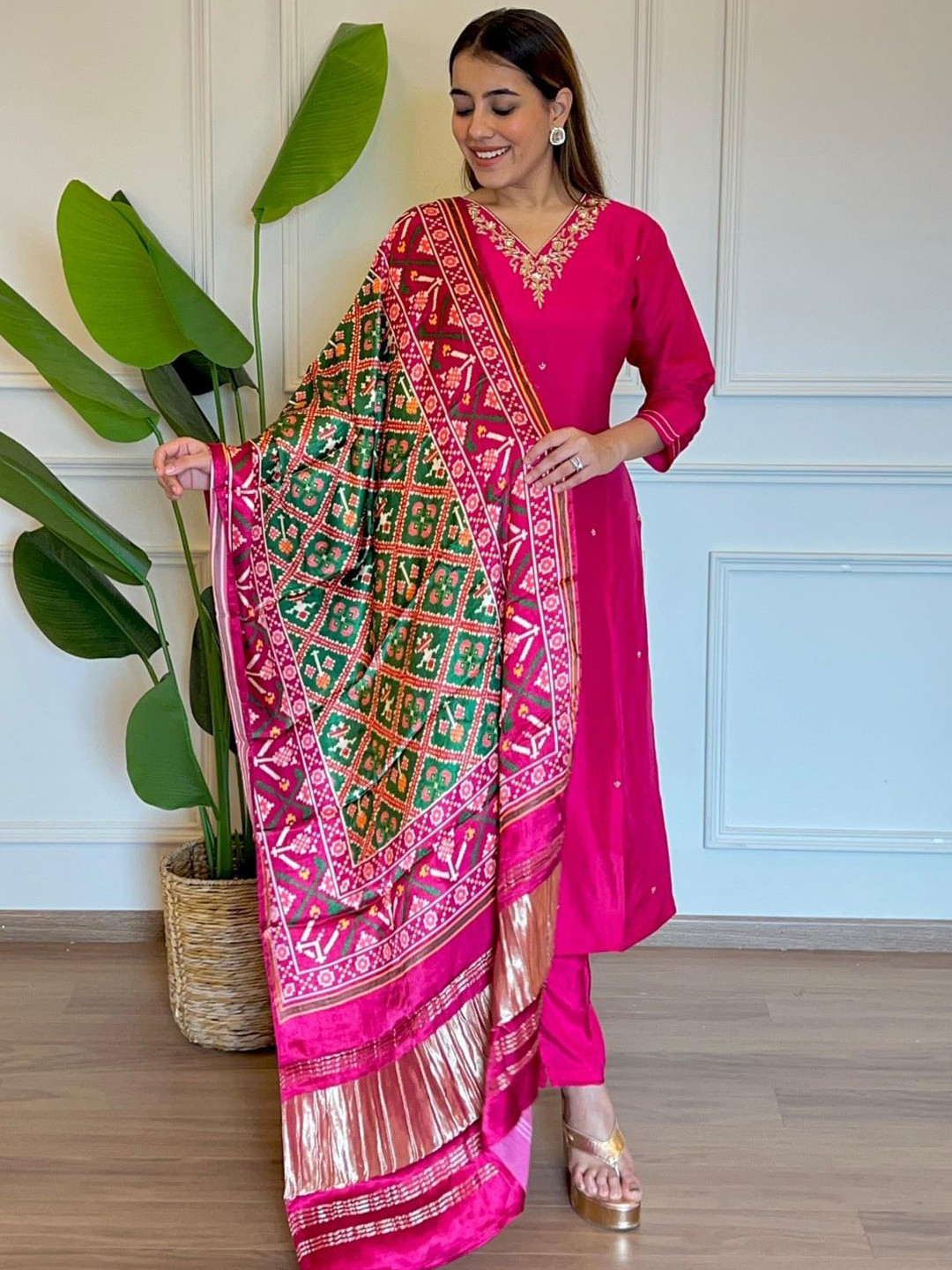 

Sindh Fashion Women Embroidered Regular Kurta with Trousers & With Dupatta, Pink