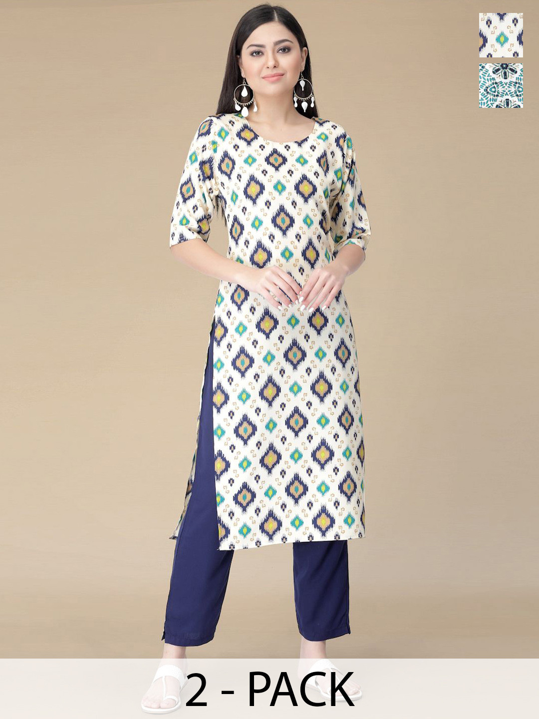 

Moda Rapido Selection Of 2 Ethnic Motifs Printed Round Neck Straight Kurtas With Trousers, White