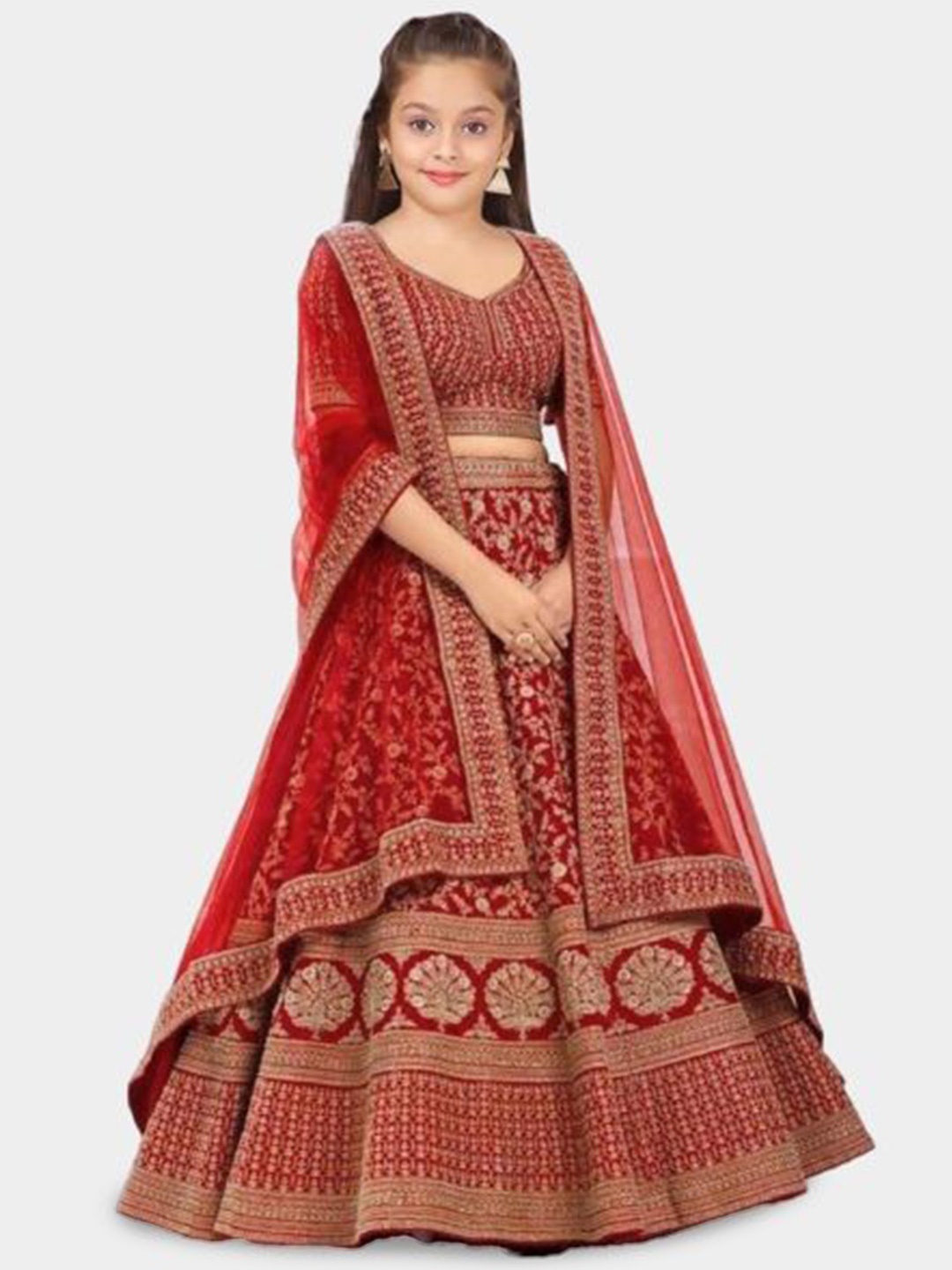 

Dizvu Girls Embroidered Ready to Wear Lehenga & Unstitched Blouse With Dupatta, Red