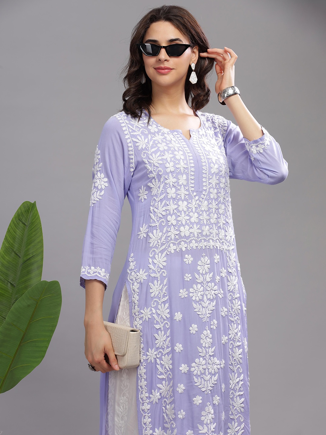 

Club Loom Floral Embroidered Round Neck Chikankari Pure Cotton Straight Kurta, Purple