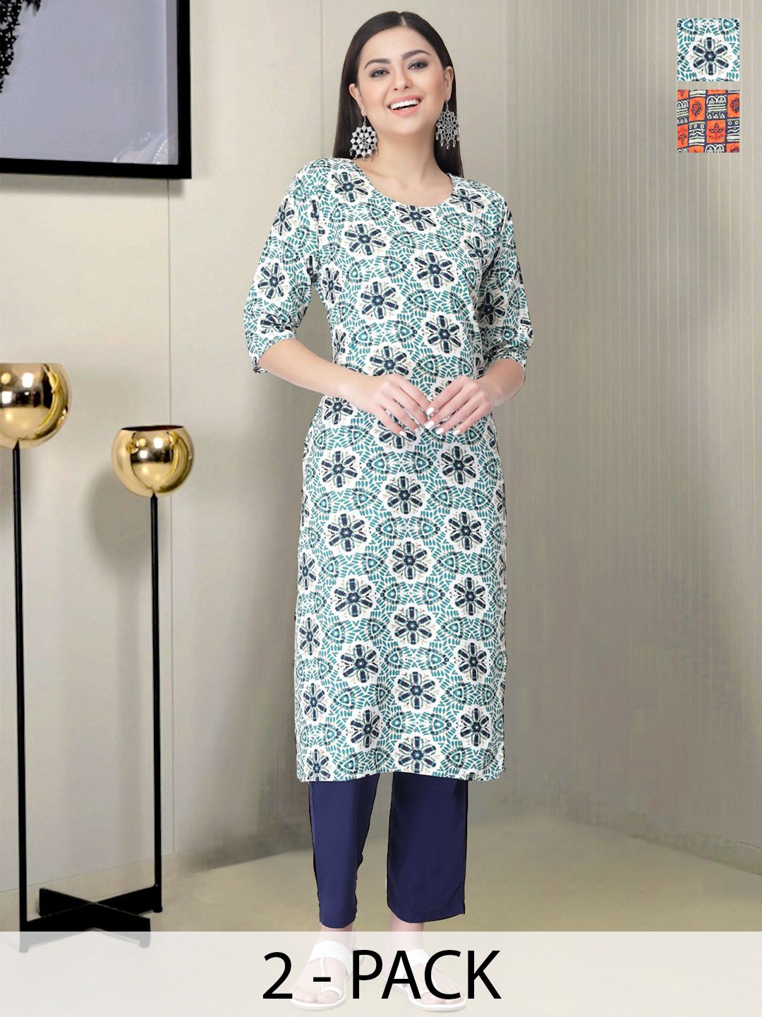 

Moda Rapido Selection Of 2 Floral Printed Round Neck Straight Kurtas With Trousers, White