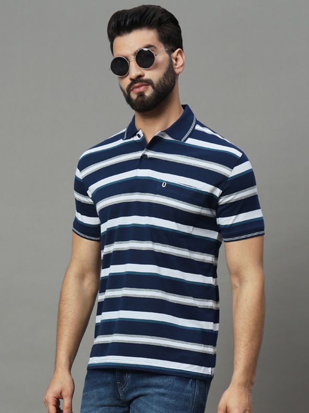 

UNIBERRY Men Striped Polo Collar T-shirt, Teal