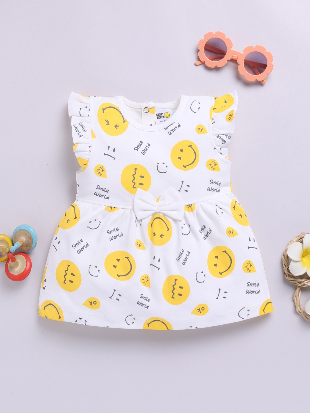 

YK X Tinyo Girls Conversational Printed Fit & Flare Dress, Off white