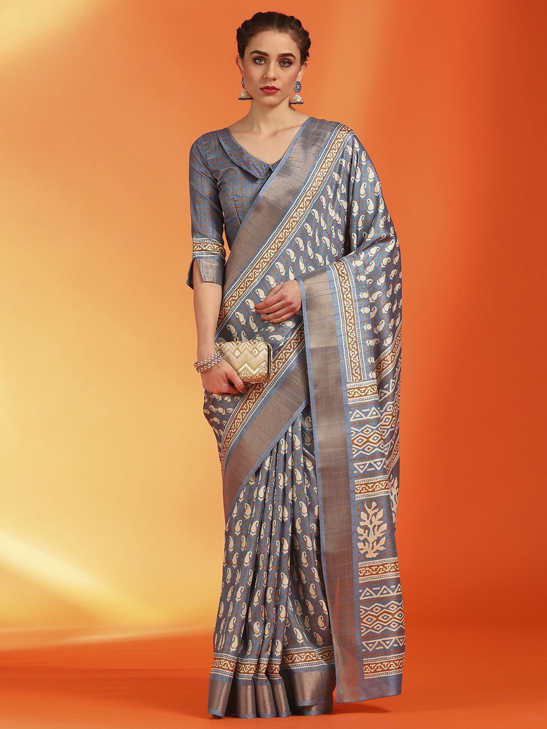 

Anouk Rustic Paisley Zari Silk Blend Dabu Saree, Grey