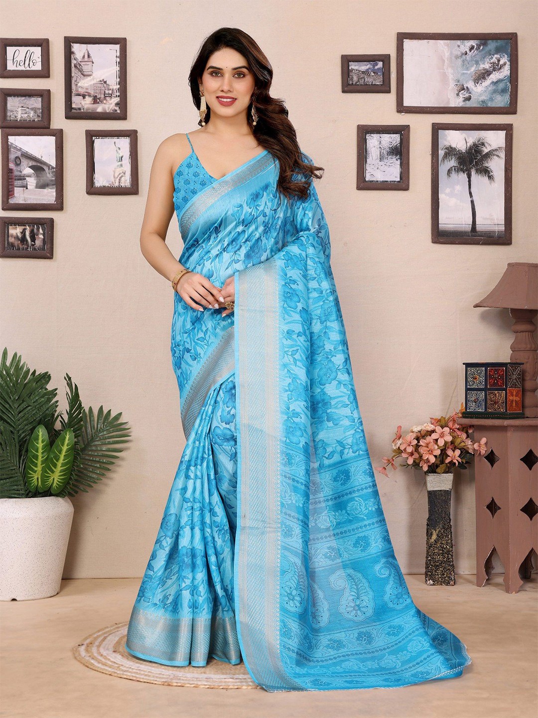 

Moda Rapido Floral Zari Saree, Blue