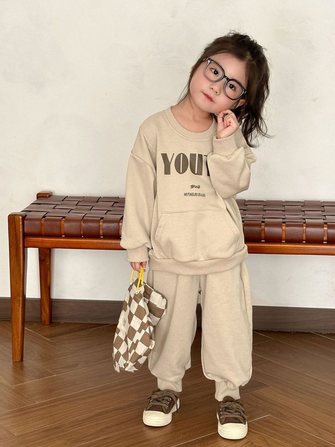 

LULU & SKY Kids Printed Round Neck Pure Cotton Sweatshirt With Joggers, Khaki